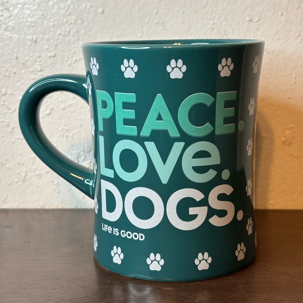 Life Is Good Teal Peace Love Dogs Mug
